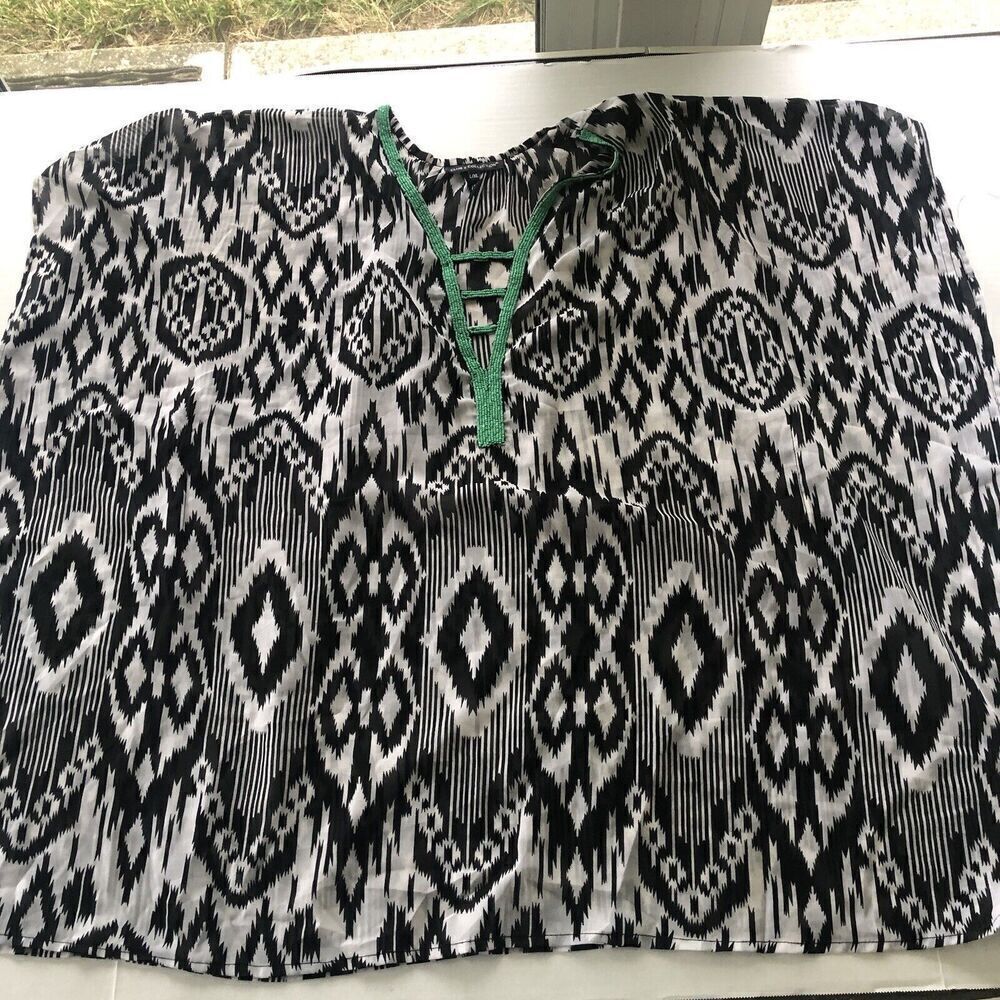 Club Z Collection Black White Green Beaded Swim Coverup Kaftan Sz L/XL A2846